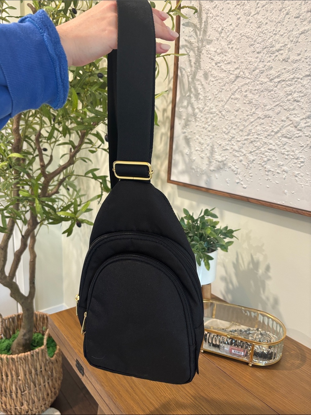 Compact Black Sling Belt Bag with Gold Hardware